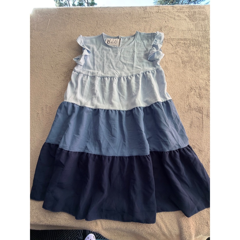 SHEIN Tiered Mini Dress Womens Medium Blue Ombre Ruffle Sleeve